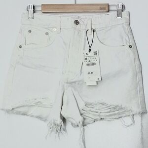 Zara Frayed White Denim Shorts Size 6 Distressed Button Fly Cowgirl Summer NEW